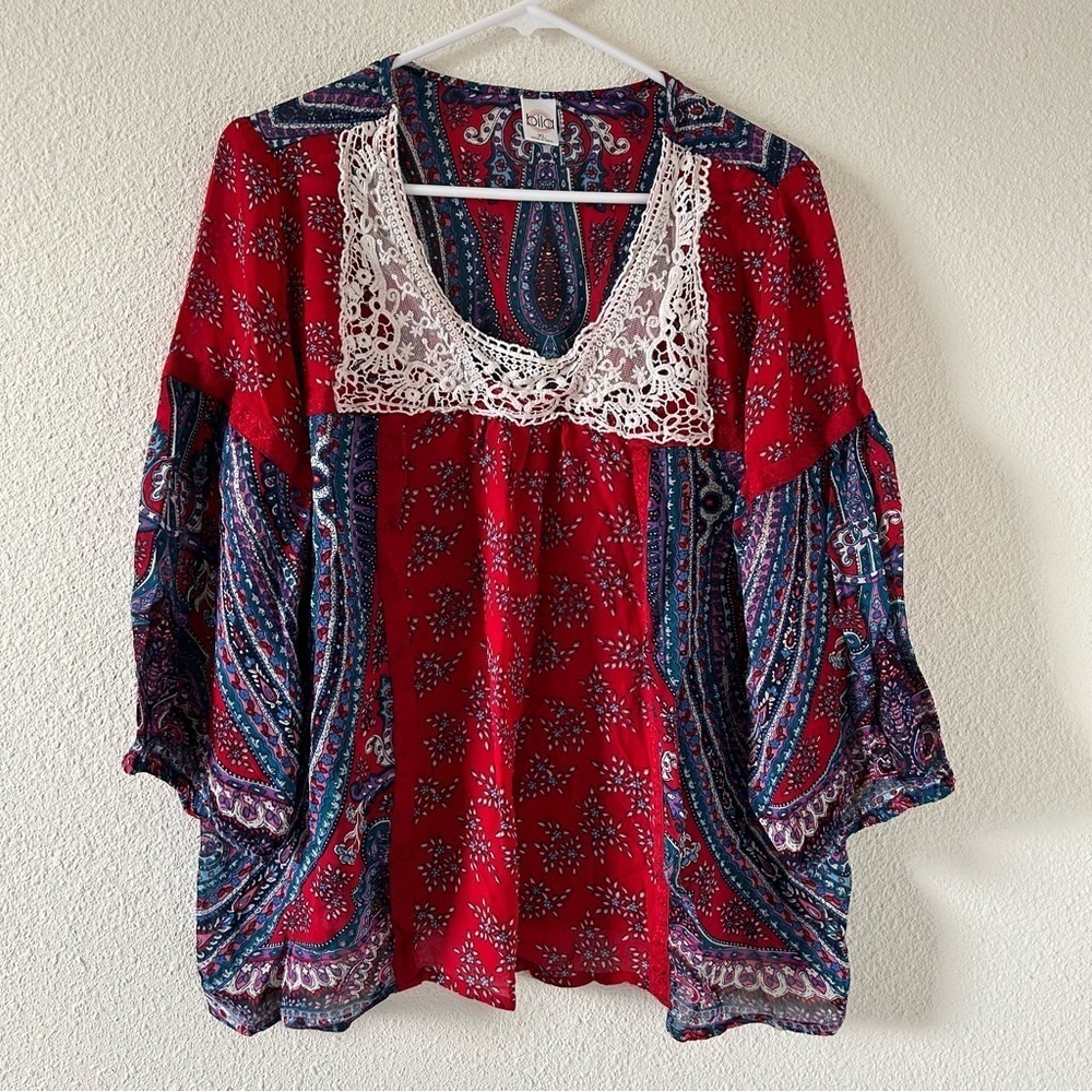 Bila Women’s Blouse XL Mixed Media Crochet Lace Sheer Lagenlook Boho Western